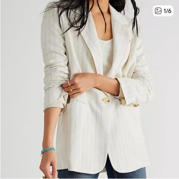 Free People Jackets & Blazers - Free People Menswear Crosby Oversized Linen Blend Blazer Ivory Pinstripe Size L